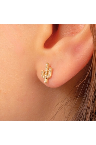 Altın Küpe - 14 Ayar Altın Minimal Taşlı Kaktüs Figürlü Küpe Sarı
