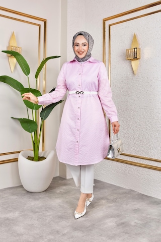 Harmatime Kemerli Çizgili Keten Gömlek Pembe