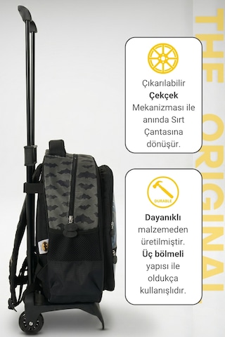 Batman Lisanslı Erkek Çocuk Okul Çantası - Üç Bölmeli Çıkarılabilir Çekçekli Sırt Çantası - Siyah/gri 2026