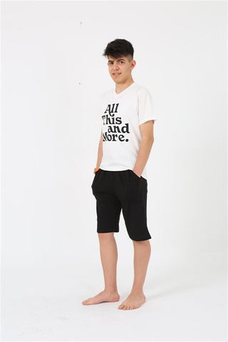 Akbeniz Erkek Genç Garson Boy Kısa Kol Ekru Penye Şortlu Pijama Takımı 20377