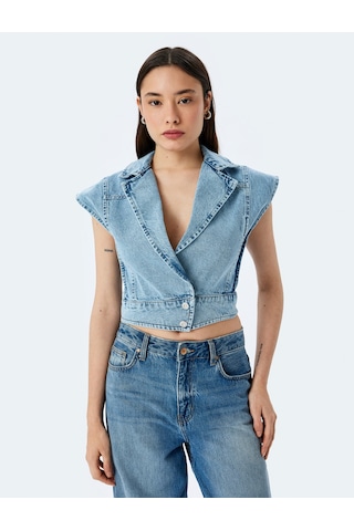 Koton Kolsuz Kruvaze Yaka Crop Denim Düğmeli Yelek Açık İndigo 5sal20001md Açık İndigo