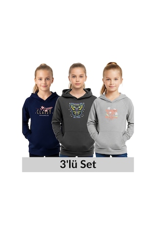 Kapüşonlu 3'lü Kız Çocuk Sweatshirt Cep Detaylı-baskılı Çok Renkli
