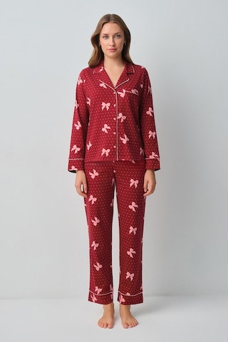Suwen Teddy Ribbon Gömlek Yaka Pijama Takımı Wsh10510135978 Kırmızı Kalpli