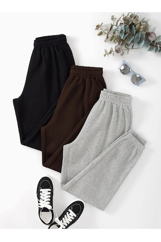 3'lü Basic Düz Eşofman Altı Jogger - Siyah Kahve Gri Lastik Paça Yüksel Bel Siyah Kahve Gri