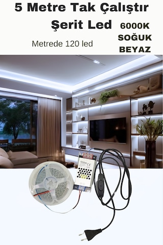 Dolap / Duvar 5 Metre Tak Çalıştır Mt/120 Led Şerit Led 6000k