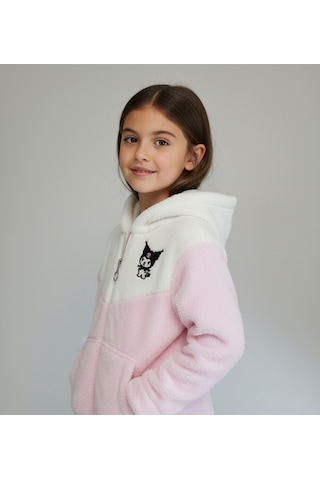 Kuromi Nakışlı Çift Renk Pelüş Kapüşonlu Kız Çocuk Hırka Açık Pembe