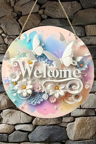 Kututr Çiçek Ve Kelebek Temalı Uv Baskı 3d Görünümlü Mdf Kapı Süsü Welcome Yazılı 33 Cm Ks009,çok Renk Çok Renkli