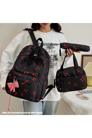 Maxaccess 3 Parça Sırt Çantası Seti Kiraz Desenli Okul Çantası + El Çantası + Kalem Kutusu Siyah