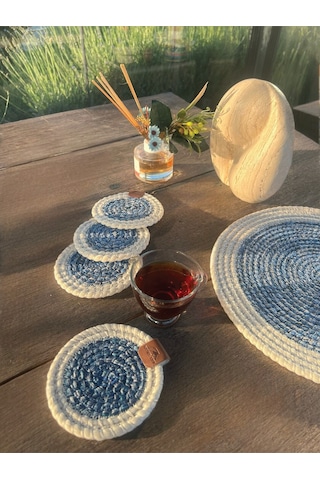 4 Adet Yuvarlak Bardak Altlığı- Leke Tutmaz- Beyaz-mavi 13x13 Cm Beyaz - Mavi