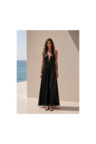 Lilly Noir Riviera Siyah İnce Saten Elbise Siyah Siyah
