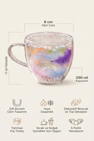 Makri Home Boncuklu Tüylü Çift Cidarlı Cam Kupa, 350 Ml, 11 Cm X 8 Cm Çok Renkli