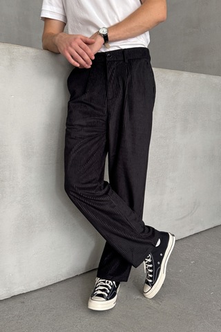 Erkek Pileli Baggy Kalıp Kadife Pantolon Siyah
