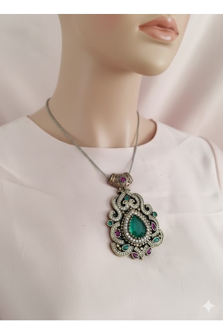 Zümrüt, Lal Ve Zirkon Taşlı Kolye Bronz