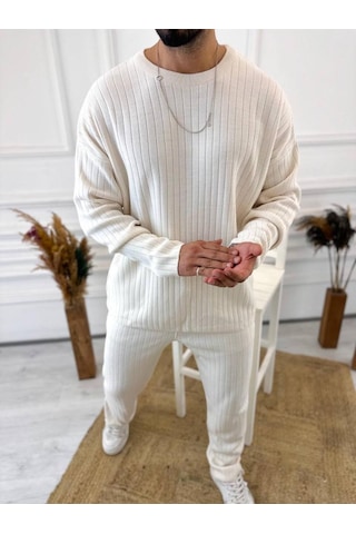 Uzun Kollu Tişört Fitilli Örme Triko Yumuşak Dokulu Tüylenmez Pamuklu Kazak Sweatshirt Beyaz