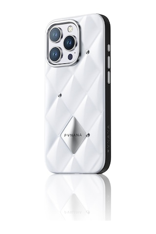 Apple Uyumlu iPhone 16 Pro Kılıf Parlak Arka Yüzeyli Kabartma Kapitone Pynana Metal Diamond Serisi Kapak Beyaz