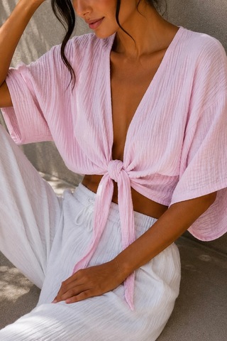 Bbbutikbasic Kadın Müslin Bağlamalı Bolero Bluz Oversize Salaş Yazlık Kimono Hırka My3535 Pembe