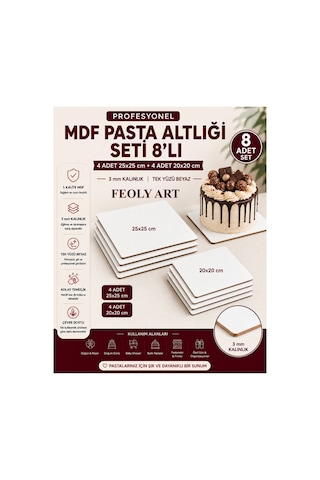 Profesyonel Mdf Pasta Altlığı Seti 8'li 4 Adet 25x25 Cm + 4 Adet 20x20 Cm 3 Mm Tek Yüzü Beyaz Premium Pasta Sunum Altlığı Beyaz / Kahverengi