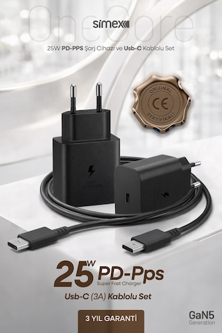 Simex 25w Süper Hızlı Şarj Seti Type-c Adaptör + Kablo Samsung Galaxy Uyumlu Ce Belgeli Sps-17