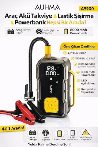 Auhma A9900 4'ü 1 Arada Akü Takviyeli Şarjlı Hava Pompası 8.000 Mah Powerbank & Dijital Fener