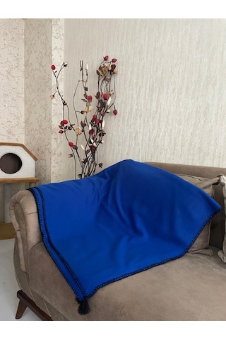 Püsküllü Çoban Dikişli Tek Kişilik Polar Battaniye 150x180 Cm Mavi