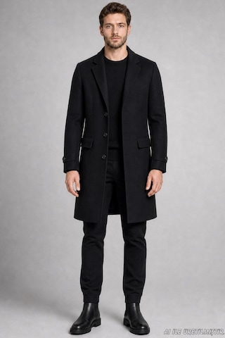 Freemen Erkek Slim Fit Klasik Yaka 3 Düğmeli Uzun Kaşe Kaban-425 Siyah