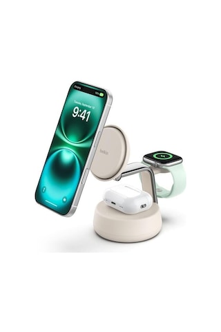 Belkin Wız040kqsd Boostcharge Pro 3-in-1 Qi2 Magsafe Uyumlu 25w Manyetik Şarj Standı Bej