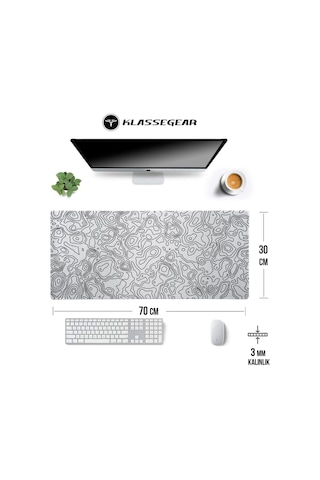 Klasse Pro - 6 Farklı Model Dikişli Kenar 70x30 Cm Oyuncu Gaming Mouse Pad White Map Lines