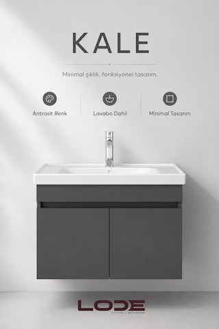 Lode Bath Kale Antrasit Demonte Lavabolu Alt Banyo Dolabı, Seramik Lavabo Dahil 80 Cm