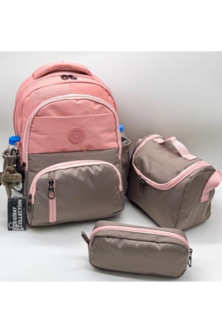 İlk Okul Çantası 3'lü Seti Unisex Çocuk İlkokul Çantası Gry-8010 Pudra-vizon Fuşya