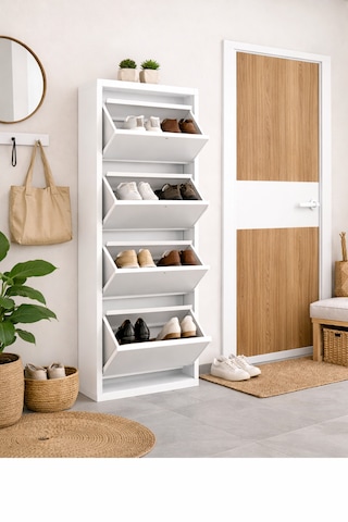 Avenza Living Kilitli 4 Kapaklı Metal Ayakkabılık - Beyaz Beyaz
