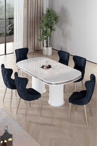 Canisa Galya Serisi Lak Panel 90x168 Sabit Beyaz Mermer Desen Mutfak Masa Takımı 6 Antrasit Sandalye Byz Mermer Desen Masa Ant Sandaly
