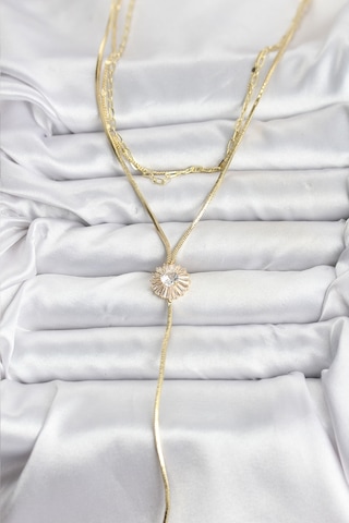 Zarif Boyunlar İçin Golden Pirinç Zirkonlu Papatya Üçlü Kombin Y Kadın Kolye Standart