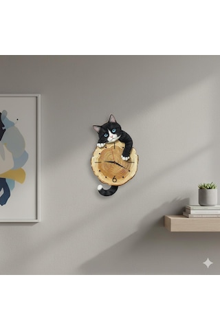 Cajuart Kütük Üzerinden Bakan Smokin Kedi Tasarımlı Duvar Saati Modern Dekoratif Saat Kahverengi
