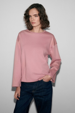 Grımelange Neat Kadın Organik Pamuklu Bisiklet Yaka Oversize Fit Uzun Kollu Pembe T-shirt Pembe