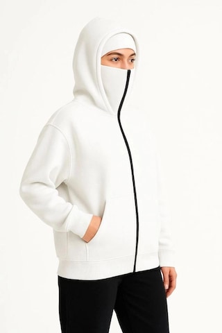 Freedom Store Kadın Samuray Ninja Çift Kapüşonlu Maske Detaylı 3 İplik Hoodie - Beyaz