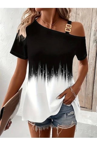 Kadın Tek Omuzdan Açık Askı Detaylı Desenli Süprem Bluz Altın