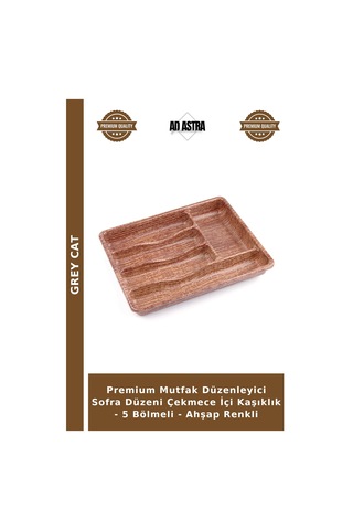 Premium Mutfak Düzenleyici Sofra Düzeni Çekmece İçi Kaşıklık - 5 Bölmeli - Ahşap Renkli
