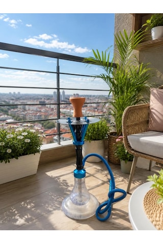60 Cm Cam Hazneli Lüx Nargile Takımı Mavi Metal Gövdeli Modern Tasarım