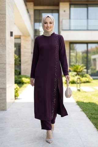 Hb Harma Time Butik Kadın İnci İşlemeli Bordo Tunik-pantolon İkili Takım