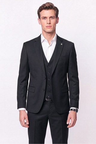 Efor Slim Fit Mono Yaka Yünlü Yelekli Siyah Takım Elbise Tk 943