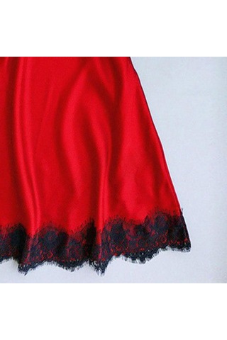 Dolıty Kadınlar Dantel Trim Saten Gecelik Lingerie Pijama Kırmızı+siyah Kırmızı-Siyah