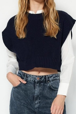 Ersefa Stil Modern Kadın Crop Standart Kol Bisiklet Yaka Triko Süveter Lacivert
