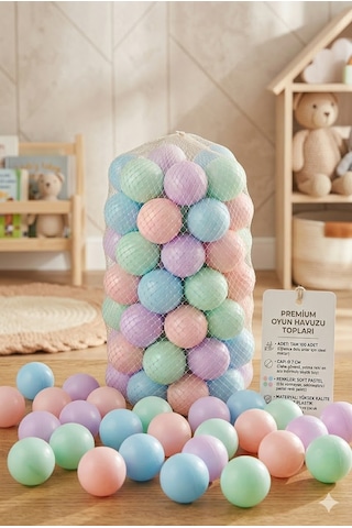 Premium Pastel Renkli Oyun Havuzu Topu 100'lü Paket - 7 Cm Büyük Boy Fileli Plastik Top Seti