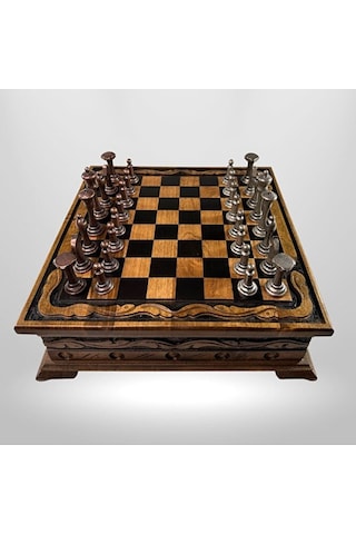 Mc02 Metalicraft Premium Metal Satranç Takımı - Doğal Ahşap Çekmeceli Ceviz Tahta - El Yapımı