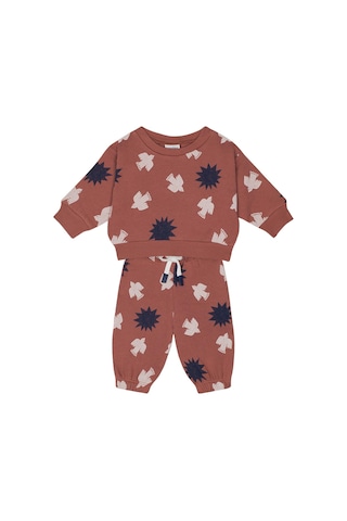 Antebies Organik Gots Sertifikalı Gün Batımı Kuş & Güneş Desenli, Uzun Kollu, Ribanalı Sweatshirt, Bel Lastikli Bağcıklı Pantolonlu Bebek Takımı Turuncu