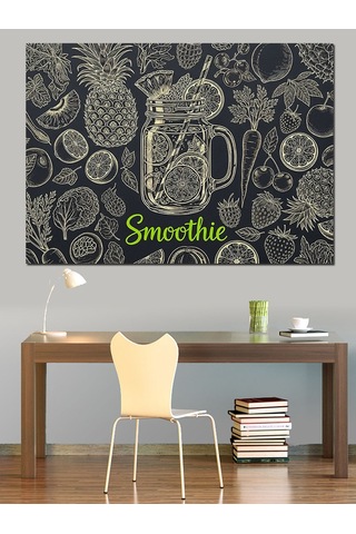 Siyah Beyaz Meyve Desenleri Ve Smoothie Bardağı Dekoratif Kanvas - Mdf Ahşap Tablo
