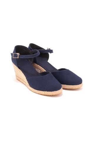 Star Tombis Gerçek Elişi Bilekten Bantlı Topuğu Açık Keten Espadril Dolgu Topuk Handmade Lacivert