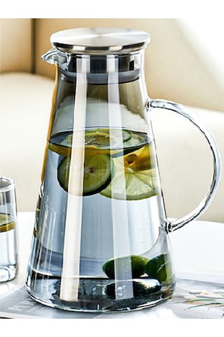 Qerhome Borosilikat Cam Metal Kapaklı Lüks Sürahi 1900 Ml Füme