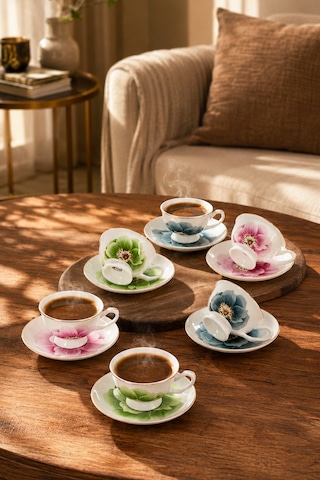 Porsima Gc57-2442 12 Parça Yaldızlı Porselen Türk Kahve Fincan Takımı - Mix Kahve Fincan Seti - 100ml Çok Renkli