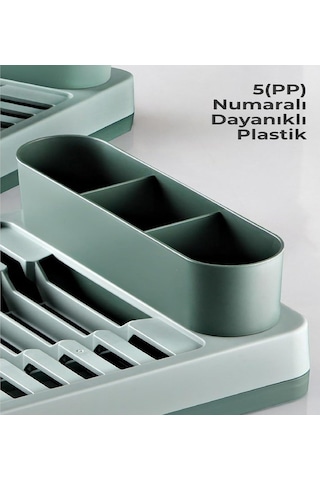 Pratik Tezgah Üstü Bulaşıklık Tabaklık Kurutmalık - Dayanıklı Plastik Çok Bölmeli Mutfak Düzenleyici Organizer, Kaşıklıklı Geniş Bölmeli Bulaşık Kurutma Rafı, 42x26x6 Cm Yeşil Çok Renkli